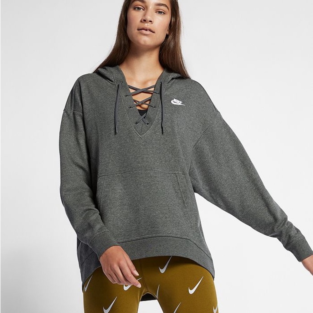 Nike Women s Sportswear Hoodie Laceup Long Sleeve Top Charcoal